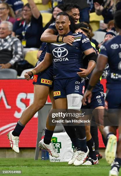 Luciano Leilua of the Cowboys celebrates after scoring a try during the round 18 NRL match between North Queensland Cowboys and Wests Tigers at Qld...