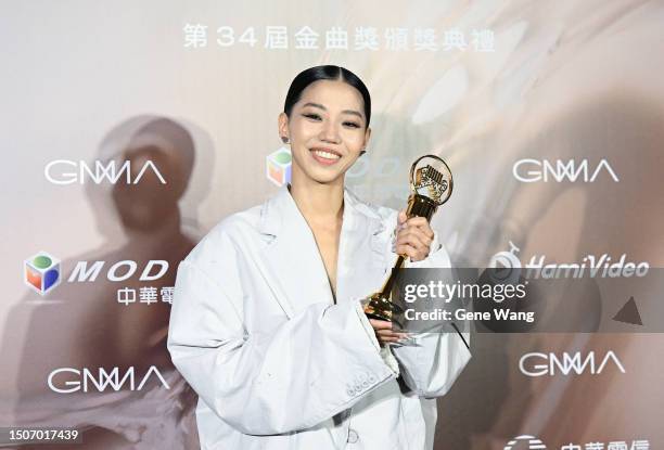 Pei Yu Hung poses with the award for Best New Artist in the press room during the 34th Golden Melody Awards Ceremony at Taipei Arena on July 01, 2023...