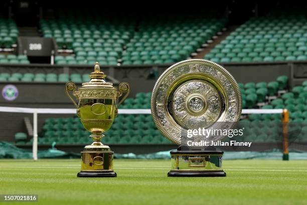 The Men's and Women's trophies are seen ahead of The Championships - Wimbledon 2023 at All England Lawn Tennis and Croquet Club on July 01, 2023 in...