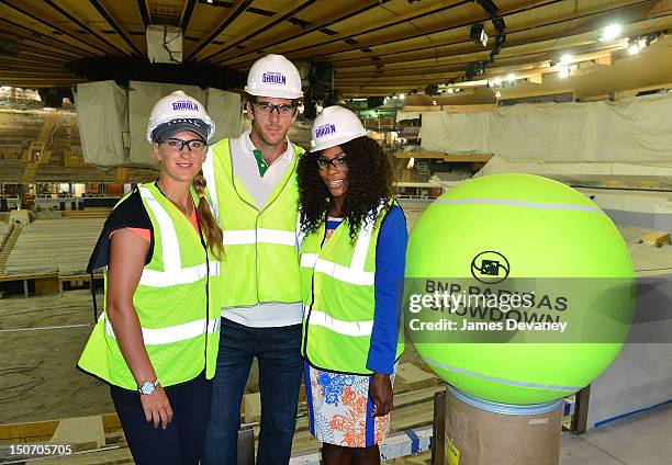 Victoria Azarenka, Juan Martin Del Potro and Serena Williams take a tour of the Madison Square Garden transformation on August 24, 2012 in New York...