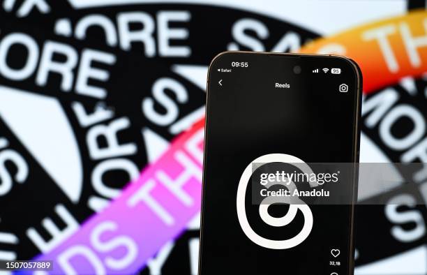 In this photo illustration, logo of Threads is displayed on a mobile phone screen in front of a screen in Ankara, Turkiye on July 6, 2023.