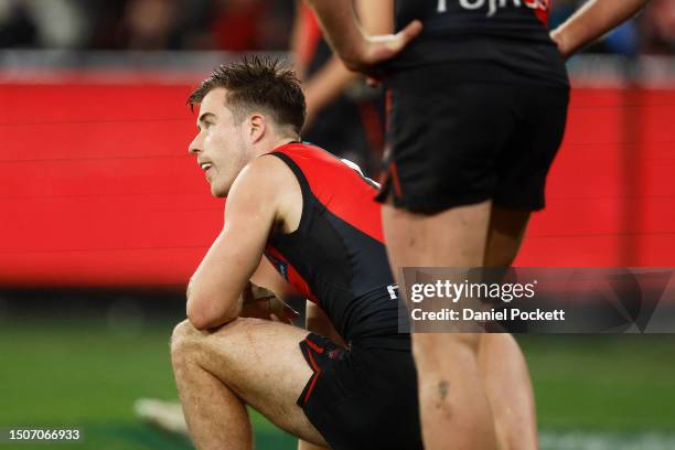 Zach Merrett of the Bombers reacts after the final siren during the round 16 AFL match between Essendon Bombers and Port Adelaide Power at Melbourne...