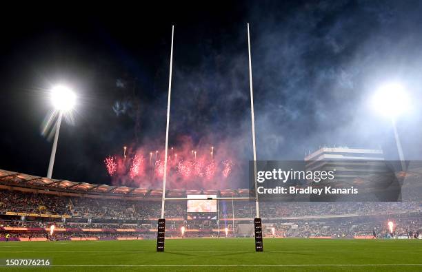 General view is seen as fireworks go off during the round 18 NRL match between Brisbane Broncos and Dolphins at The Gabba on July 01, 2023 in...