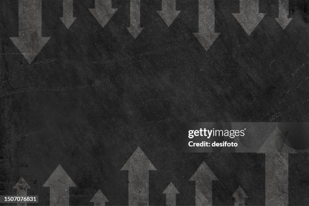 horizontal empty blank rough textured artistic retro grunge black background with many faded white coloured smudged paint strokes with arrow heads pointing upwards and downwards as top and bottom edge watermark border like chalk drawing on blackboard - graffiti arrow stock illustrations