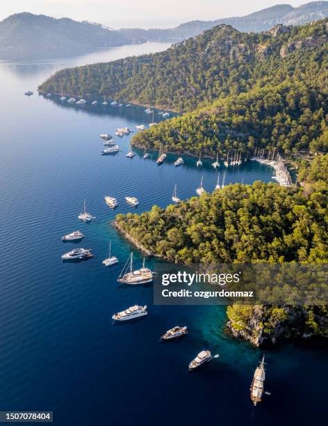 aerial view of sarsala bay in dalaman - gocek, turkiye - sailing yachts stock pictures, royalty-free photos & images
