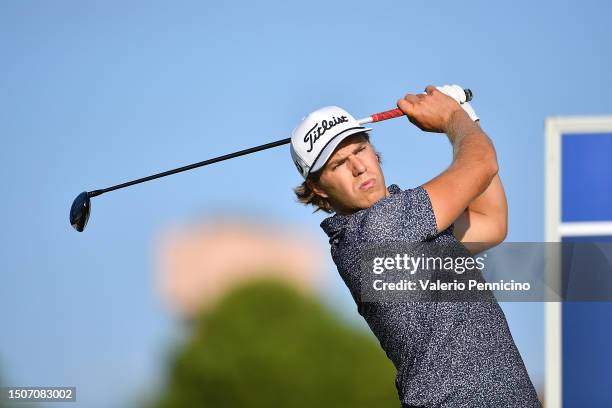 Felix Palson of Sweden plays his first shot on the 1st hole during Day One of the Italian Challenge Open at Golf Nazionale on July 6, 2023 in...