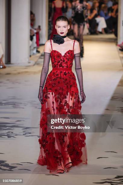 Model walks the runway during the Zuhair Murad Haute Couture Fall/Winter 2023/2024 show as part of Paris Fashion Week on July 5, 2023 in Paris,...