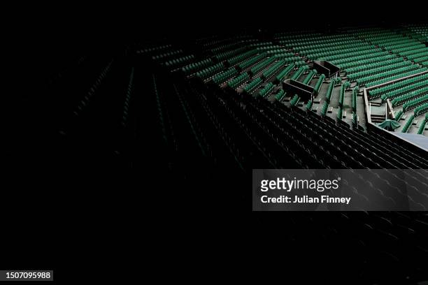 Seats are seen on Centre Court ahead of The Championships - Wimbledon 2023 at All England Lawn Tennis and Croquet Club on July 01, 2023 in London,...