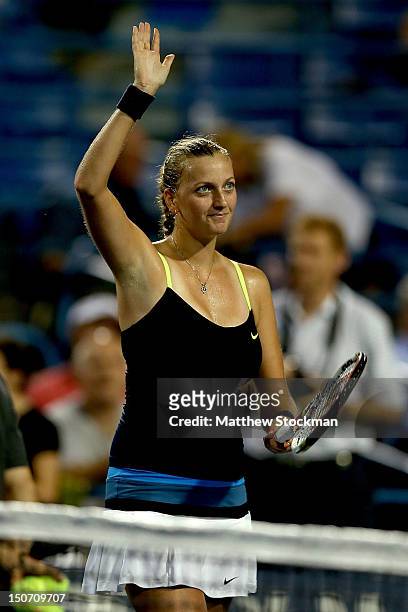 Petra Kvitova of Cezch Republic acknowledges the crowd after her win over Sara Errani of Italy during the semifinals of the New Haven Open at Yale at...