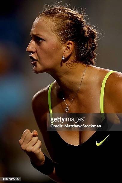Petra Kvitova of Cezch Republic celebrates a point against Sara Errani of Italy during the semifinals of the New Haven Open at Yale at the...
