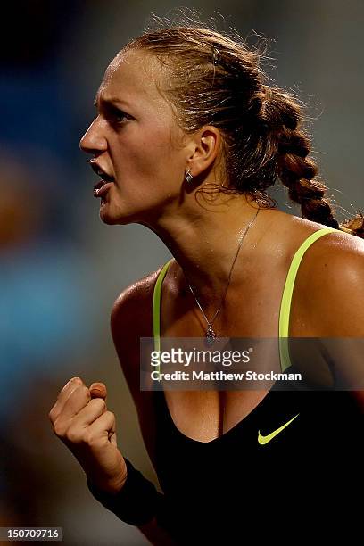 Petra Kvitova of Cezch Republic celebrates a point against Sara Errani of Italy during the semifinals of the New Haven Open at Yale at the...