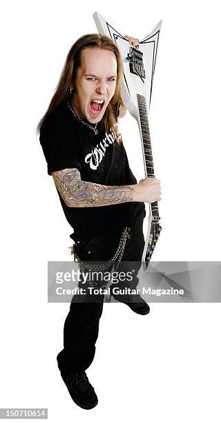This image has been digitally manipulated) Portrait of Finnish musician Alexi Laiho posing with his signature ESP guitar, on December 5, 2007. Laiho...