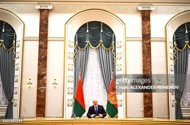 Belarus' President Alexander Lukashenko meets with foreign media at his residence, the Independence Palace, in the capital Minsk on July 6, 2023....