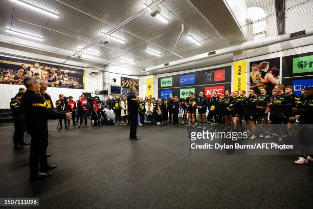 Neil Balme speaks ahead of the jumper presentations for debutants Sam Banks and Jacob Bauer of the Tigers during the 2023 AFL Round 17 match between...