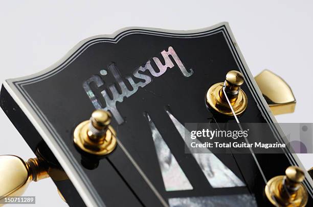 Detail of the headstock on a Gibson Les Paul Custom electric guitar, taken on May 19, 2008.