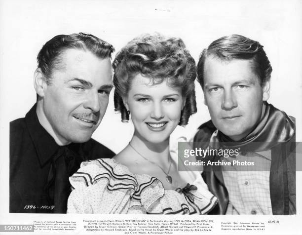Brian Donlevy, Barbara Britton, and Joel McCrea publicity portrait for the film 'The Virginian', 1946.