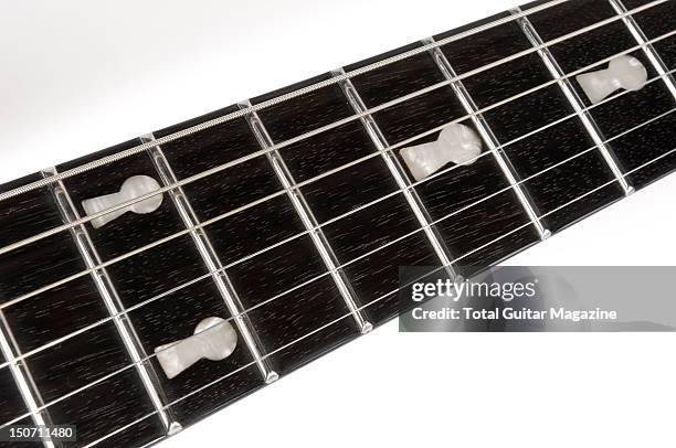 Detail of the keyhole fretboard designs on a Washburn WI26 Joe Trohman electric guitar, taken on January 22, 2009.