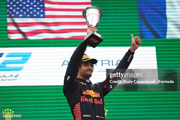 Race winner Jak Crawford of United States and Hitech Pulse-Eight celebrates on the podium during the Round 8:Spielberg Sprint race of the Formula 2...