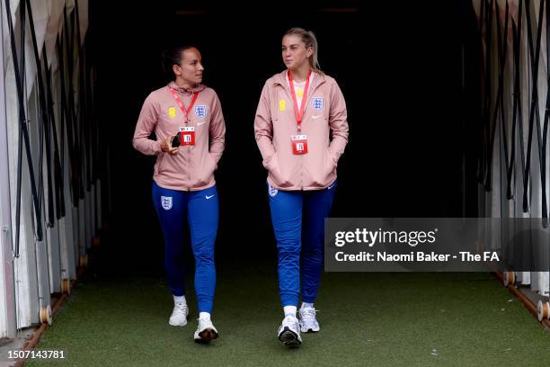 Lucy Staniforth and Alessia Russo of England arrive at the stadium prior to the Women's International Friendly match between England and Portugal at...