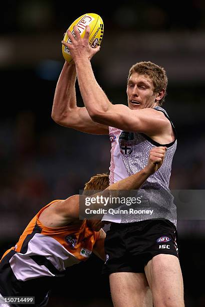 Ben McEvoy of the Saints marks during the round 22 AFL match between the St Kilda Saints and the Greater Western Sydney Giants at Etihad Stadium on...