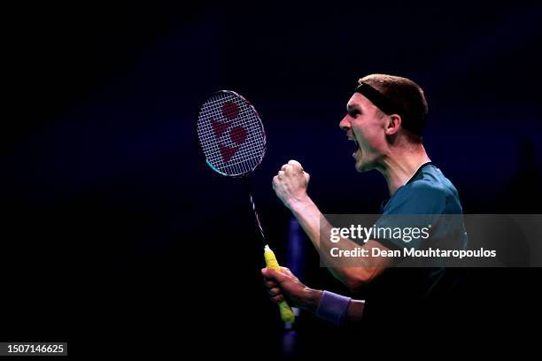 Viktor Axelsen of Denmark celebrates victory against Toma Junior Popov of France during the Badminton Men's Singles Semi-Final match on Day Twelve of...