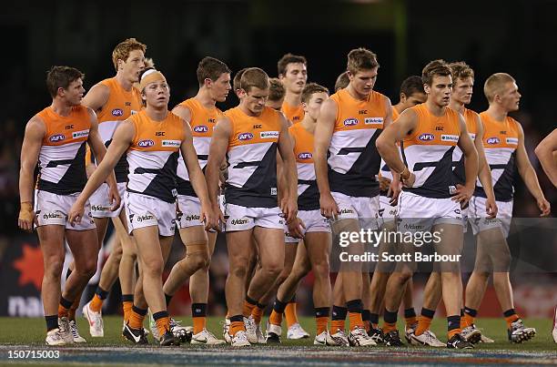 The Giants leave the field at half time during the round 22 AFL match between the St Kilda Saints and the Greater Western Sydney Giants at Etihad...