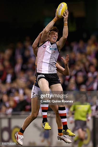 Brendon Goddard of the Saints marks during the round 22 AFL match between the St Kilda Saints and the Greater Western Sydney Giants at Etihad Stadium...