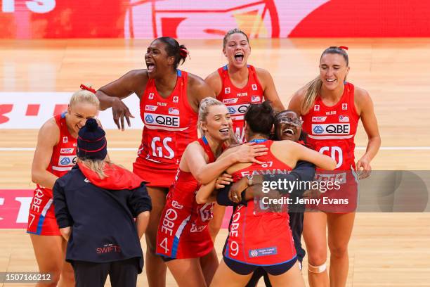 Swifts celebrate victory during the Super Netball Preliminary Final match between NSW Swifts and West Coast Fever at Qudos Bank Arena, on July 01 in...