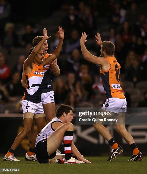 Rhys Cooyou of the Giants celebrates kicking a goal during the round 22 AFL match between the St Kilda Saints and the Greater Western Sydney Giants...