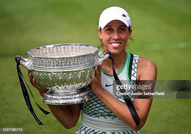 Madison Keys of United States celebrates with the winner's trophy after victory against Daria Kasatkina during the Women's Singles Final match on Day...