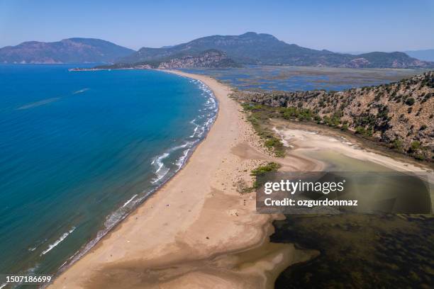 aerial view of iztuzu beach and the dalyan delta in mugla, turkiye - turtle beach stock pictures, royalty-free photos & images