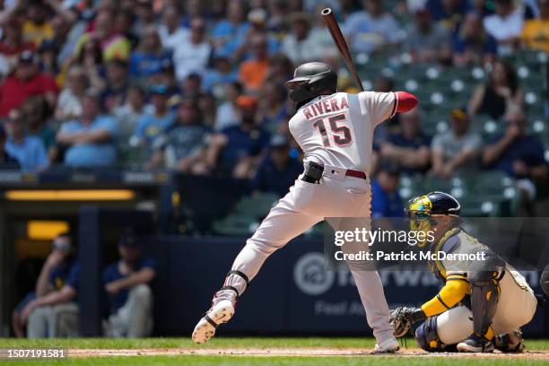 Emmanuel Rivera of the Arizona Diamondbacks bats against the Milwaukee Brewers in the first inning at American Family Field on June 21, 2023 in...