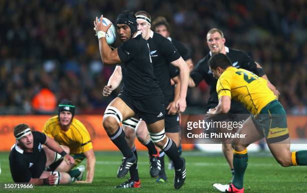 Victor Vito of the All Blacks runs the ball during The Rugby Championship Bledisloe Cup match between the New Zealand All Blacks and the Australian...