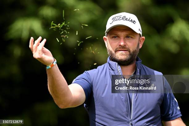 Andy Sullivan of England checks the wind on the 9th hole during Day Three of the Betfred British Masters hosted by Sir Nick Faldo 2023 at The Belfry...