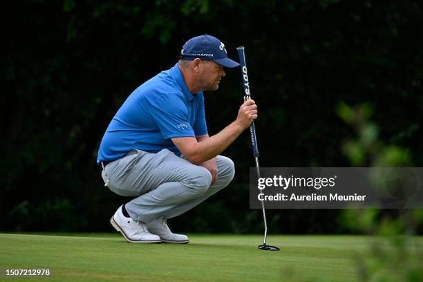 David Drysdale of Scotland lines up for his putt on the 9th hole during Day Three of Le Vaudreuil Golf Challenge at Golf PGA France du Vaudreuil on...