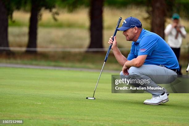 David Drysdale of Scotland lines up for his putt on the 9th hole during Day Three of Le Vaudreuil Golf Challenge at Golf PGA France du Vaudreuil on...