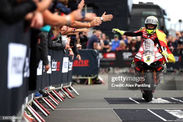 Alvaro Bautista of Spain and Team Aruba.it Racing celebrates winning The World SBK Race 1 in the 2023 MOTUL FIM Superbike World Championships at...