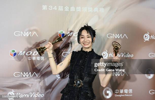 Enno Cheng poses with the award for Best Female Taiwanese Singer in the press room during the 34th Golden Melody Awards Ceremony at Taipei Arena on...