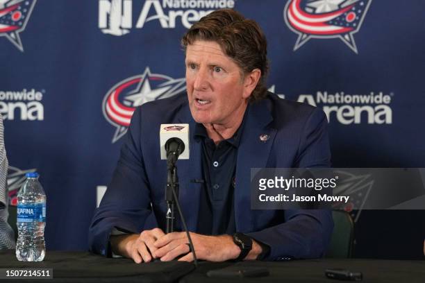 Columbus Blue Jackets Head Coach Mike Babcock addresses member of the media during a press conference at Nationwide Arena on July 01, 2023 in...