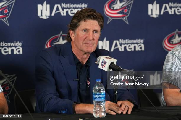 Columbus Blue Jackets Head Coach Mike Babcock addresses member of the media during a press conference at Nationwide Arena on July 01, 2023 in...