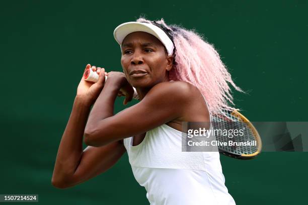 Venus Williams of United States plays a backhand during a practice session ahead of The Championships - Wimbledon 2023 at All England Lawn Tennis and...