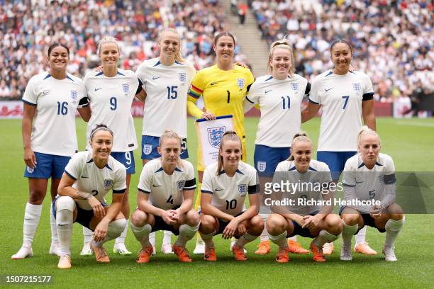 Players of England pose for a team photograph prior to the Women's International Friendly match between England and Portugal at Stadium mk on July...