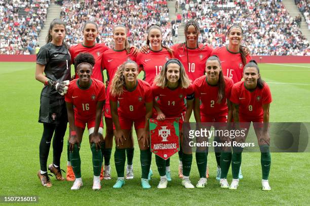 Players of Portugal pose for a team photograph prior to during the Women's International Friendly match between England and Portugal at Stadium mk on...