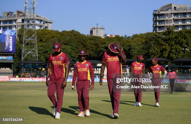 Jason Holder of West Indies reacts as they make their way off following the ICC Men's Cricket World Cup Qualifier Zimbabwe 2023 Super 6 match between...