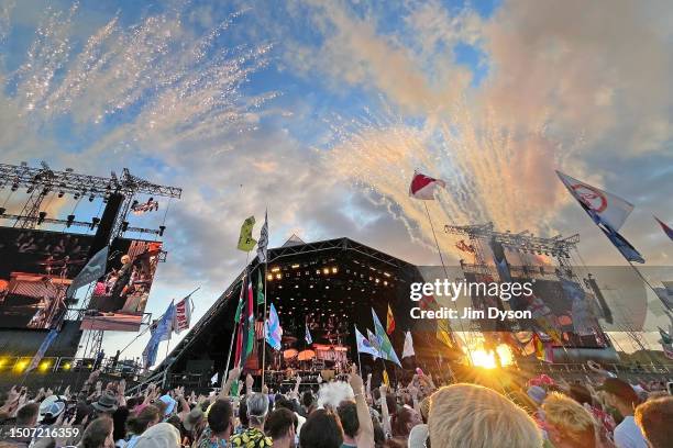 General view as Sir Elton John performs on the Pyramid stage during day 5 of Glastonbury Festival 2023 Worthy Farm, Pilton on June 25, 2023 in...