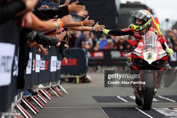 Alvaro Bautista of Spain and Team Aruba.it Racing celebrates winning The World SBK Race 1 in the 2023 MOTUL FIM Superbike World Championships at...