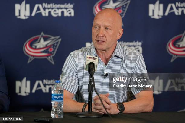 General Manager Jarmo Kekalainen addresses member of the media during a press conference at Nationwide Arena on July 01, 2023 in Columbus, Ohio.