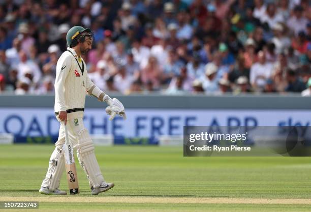 Nathan Lyon of Australia limps between wickets with an injured calf during Day Four of the LV= Insurance Ashes 2nd Test match between England and...