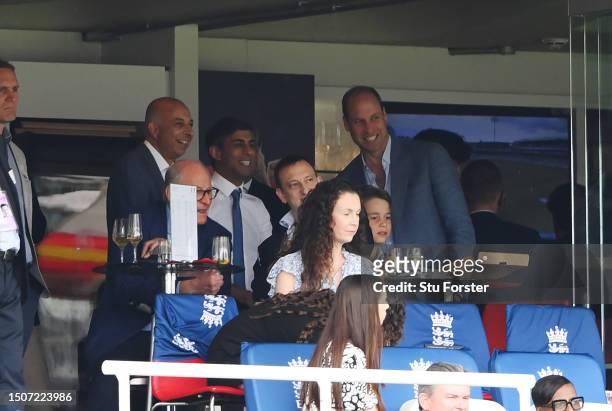 Prince William, Prince of Wales speaks to Rishi Sunak, Prime Minister of the United Kingdom during Day Four of the LV= Insurance Ashes 2nd Test match...