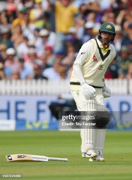 Nathan Lyon of Australia drops his bat after making a run during Day Four of the LV= Insurance Ashes 2nd Test match between England and Australia at...